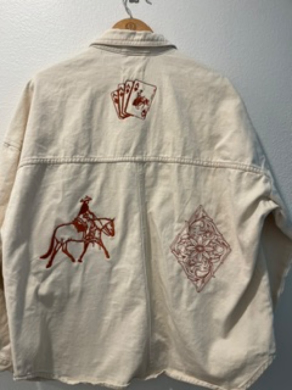 One of a Kind Embroidered Western Cream Denim Jacket L - Picture 3 of 9